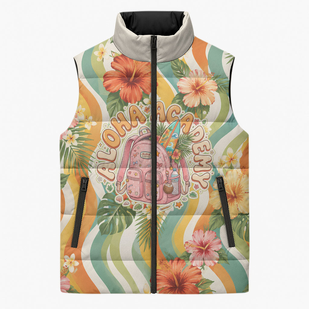 Hawaii Aloha Academy Back To School Sleeveless Puffer Jacket Sea Turtle Tropical Hibiscus Flowers Retro Psychedelic TS04 Unisex Orange Green - Polynesian Pride