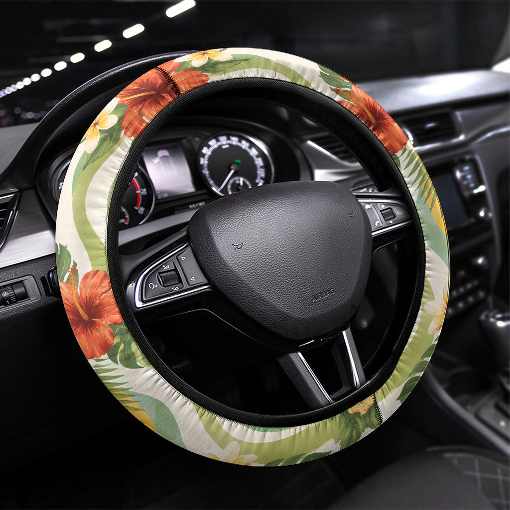 Hawaii Aloha Academy Back To School Steering Wheel Cover Sea Turtle Tropical Hibiscus Flowers Retro Psychedelic TS04 Universal Fit Orange Green - Polynesian Pride