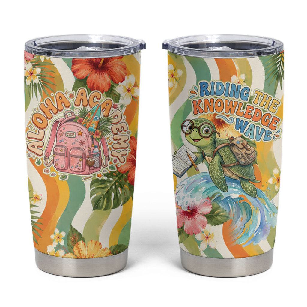 Hawaii Aloha Academy Back To School Tumbler Cup Sea Turtle Tropical Hibiscus Flowers Retro Psychedelic TS04 Orange Green - Polynesian Pride