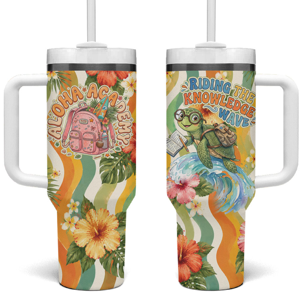 Hawaii Aloha Academy Back To School Tumbler With Handle Sea Turtle Tropical Hibiscus Flowers Retro Psychedelic TS04 One Size: 40 oz Orange Green - Polynesian Pride
