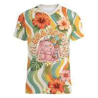 Hawaii Aloha Academy Back To School Women V-Neck T-Shirt Sea Turtle Tropical Hibiscus Flowers Retro Psychedelic TS04 Female Orange Green - Polynesian Pride