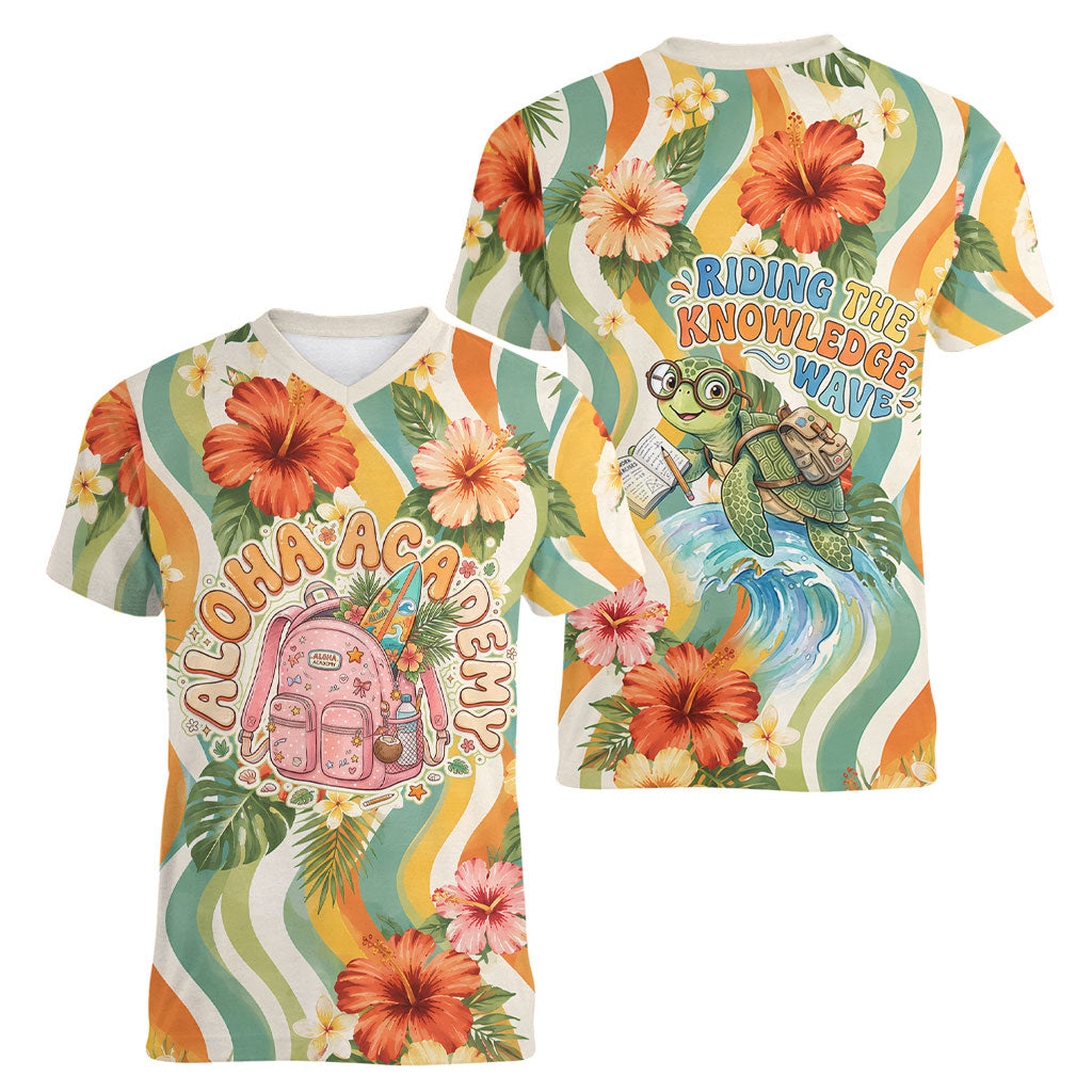 Hawaii Aloha Academy Back To School Women V-Neck T-Shirt Sea Turtle Tropical Hibiscus Flowers Retro Psychedelic TS04 - Polynesian Pride