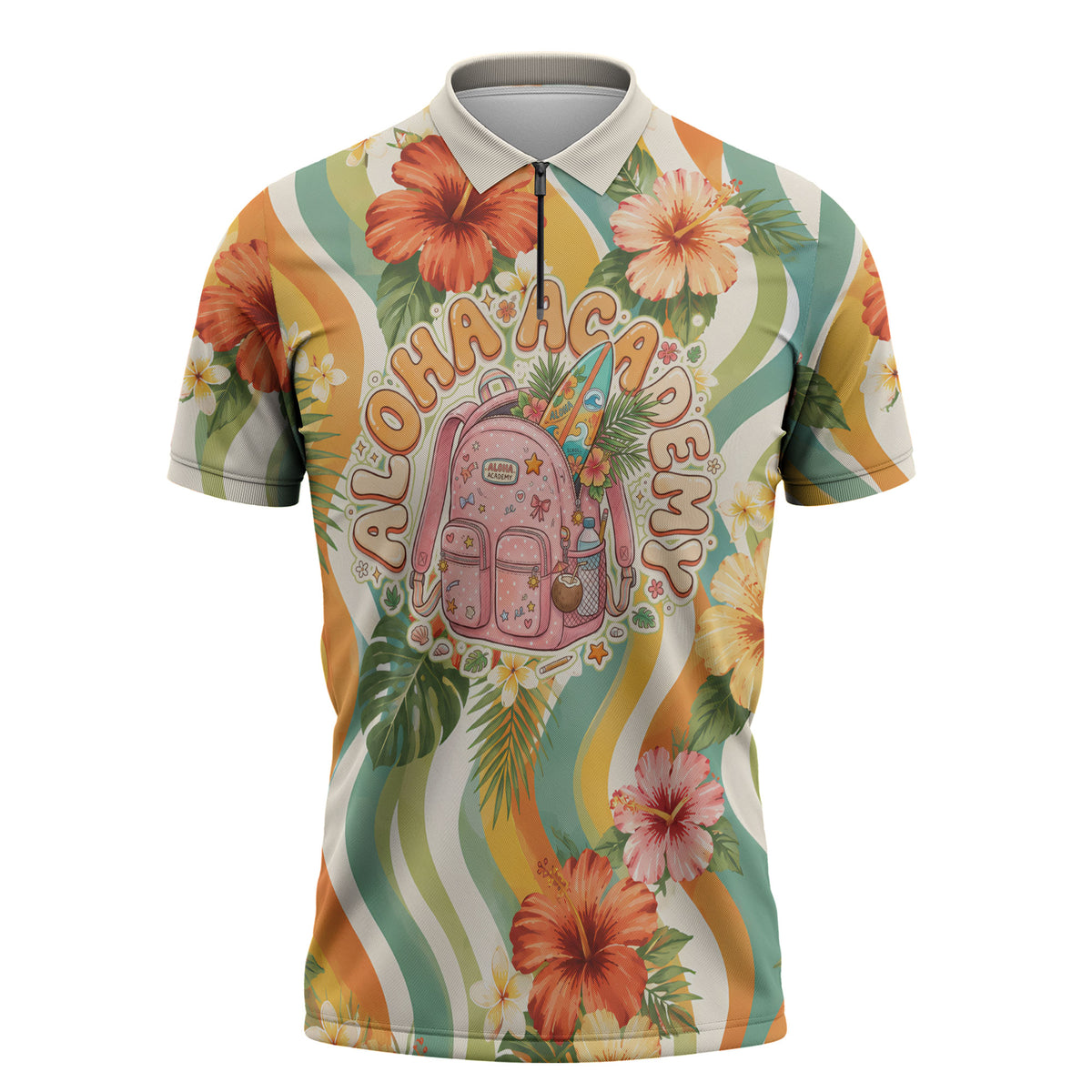 Hawaii Aloha Academy Back To School Zipper Polo Shirt Sea Turtle Tropical Hibiscus Flowers Retro Psychedelic TS04 Orange Green - Polynesian Pride