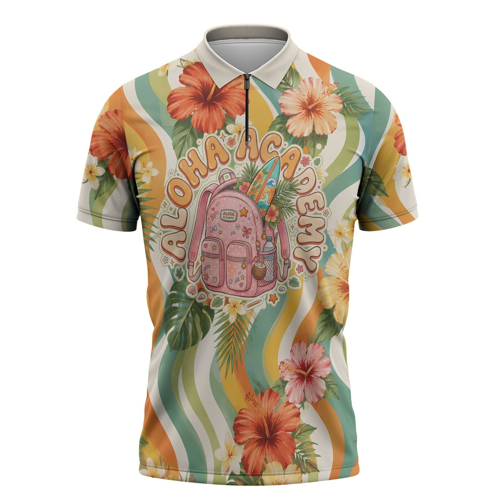 Hawaii Aloha Academy Back To School Zipper Polo Shirt Sea Turtle Tropical Hibiscus Flowers Retro Psychedelic TS04 Orange Green - Polynesian Pride