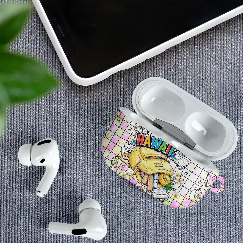 Hawaii Cruising Back To School AirPods Case Grid Pattern With School Bag And Vintage Surf Van TS04 - Polynesian Pride