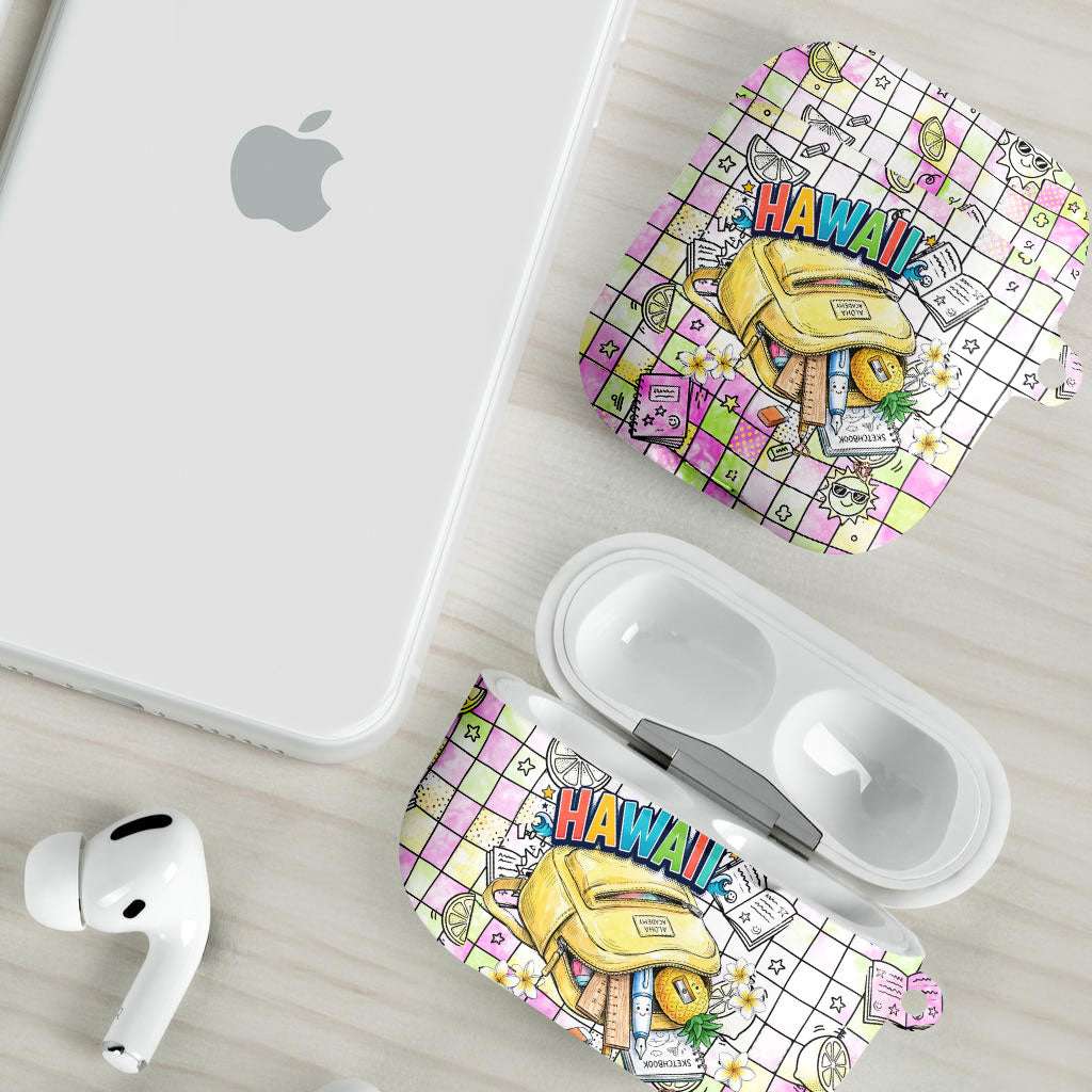 Hawaii Cruising Back To School AirPods Case Grid Pattern With School Bag And Vintage Surf Van TS04 - Polynesian Pride