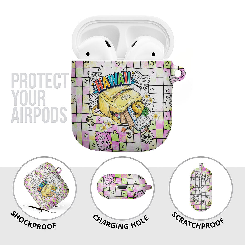 Hawaii Cruising Back To School AirPods Case Grid Pattern With School Bag And Vintage Surf Van TS04 - Polynesian Pride