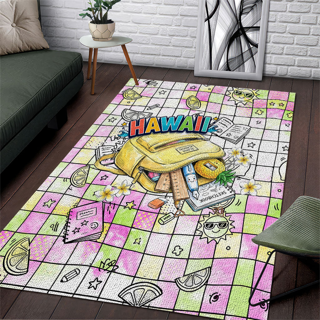 Hawaii Cruising Back To School Area Rug Grid Pattern With School Bag And Vintage Surf Van TS04 White Yellow - Polynesian Pride