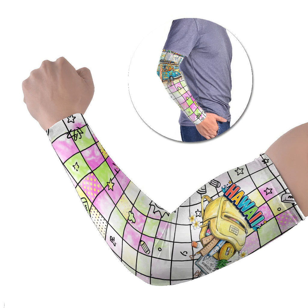 Hawaii Cruising Back To School Arm Sleeves Grid Pattern With School Bag And Vintage Surf Van TS04 Set of 2 White Yellow - Polynesian Pride