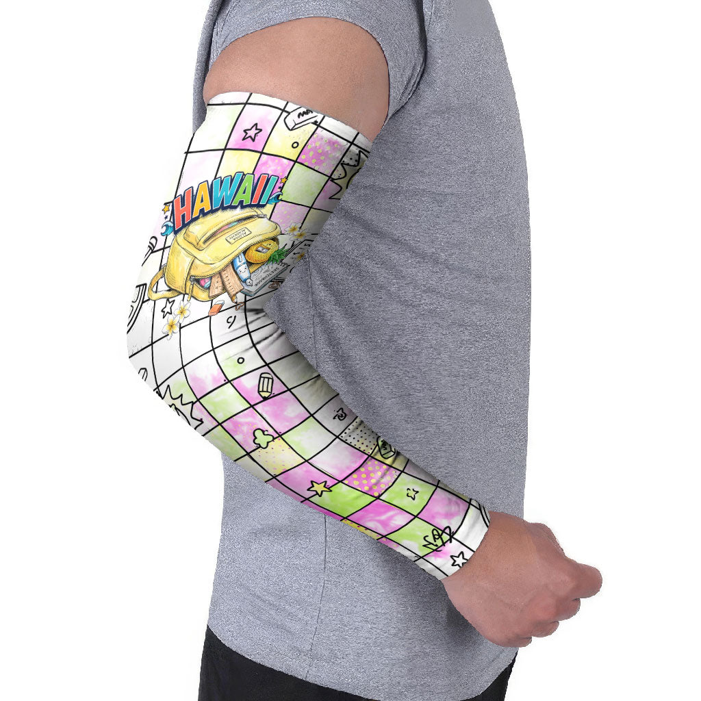 Hawaii Cruising Back To School Arm Sleeves Grid Pattern With School Bag And Vintage Surf Van TS04 - Polynesian Pride