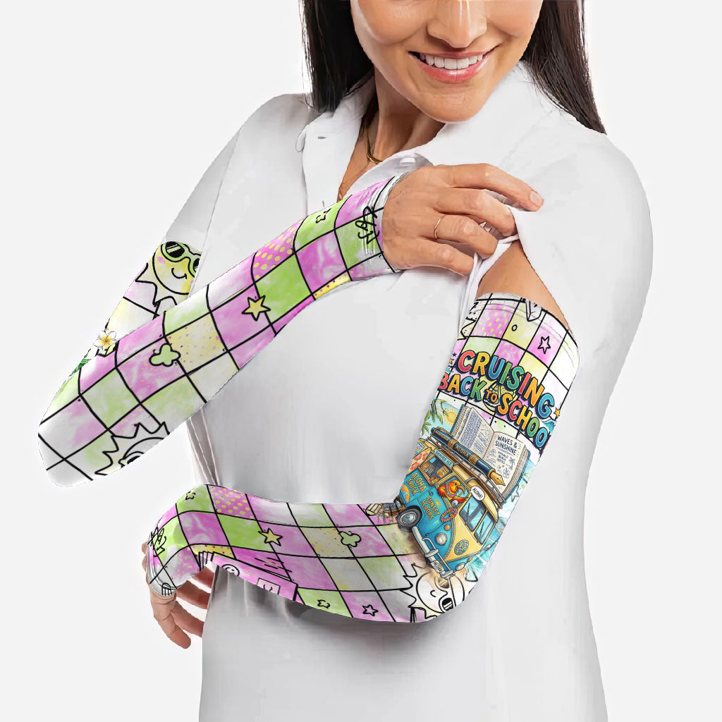 Hawaii Cruising Back To School Arm Sleeves Grid Pattern With School Bag And Vintage Surf Van TS04 - Polynesian Pride