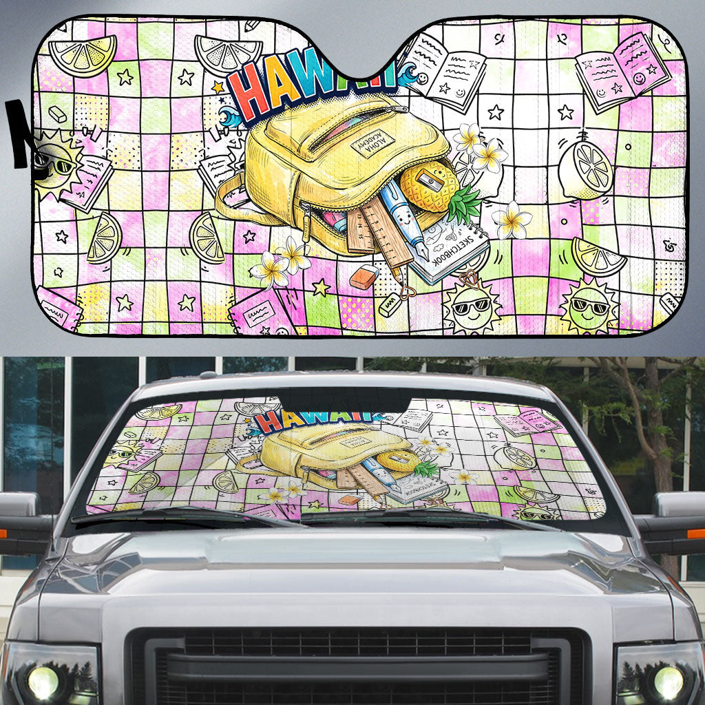 Hawaii Cruising Back To School Auto Sun Shade Grid Pattern With School Bag And Vintage Surf Van TS04 White Yellow - Polynesian Pride