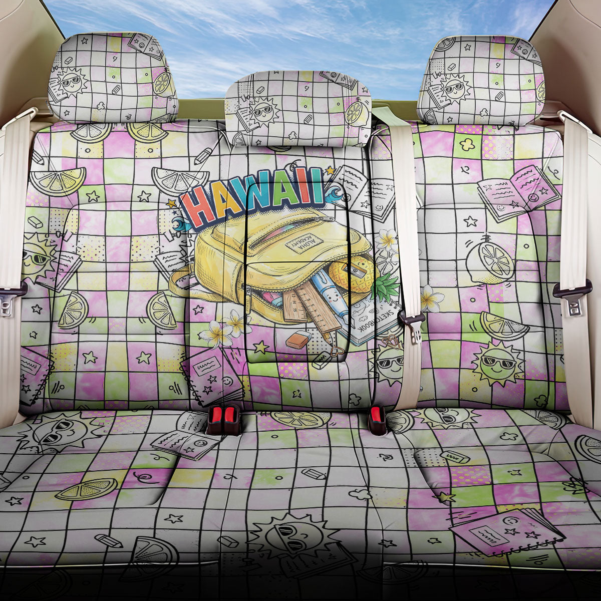 Hawaii Cruising Back To School Back Car Seat Cover Grid Pattern With School Bag And Vintage Surf Van TS04 One Size White Yellow - Polynesian Pride