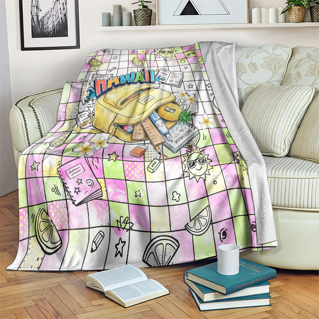 Hawaii Cruising Back To School Blanket Grid Pattern With School Bag And Vintage Surf Van TS04 White Yellow - Polynesian Pride