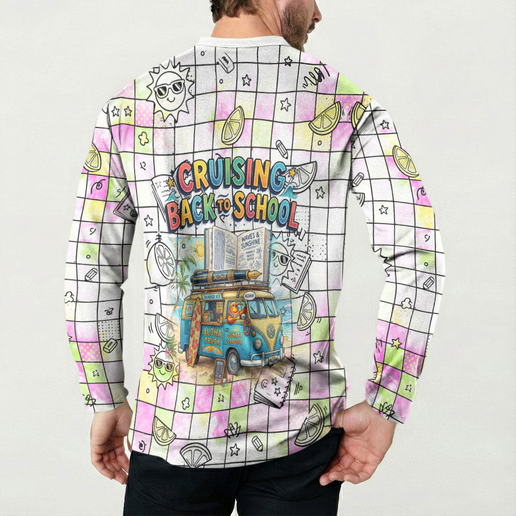 Hawaii Cruising Back To School Button Sweatshirt Grid Pattern With School Bag And Vintage Surf Van TS04 - Polynesian Pride