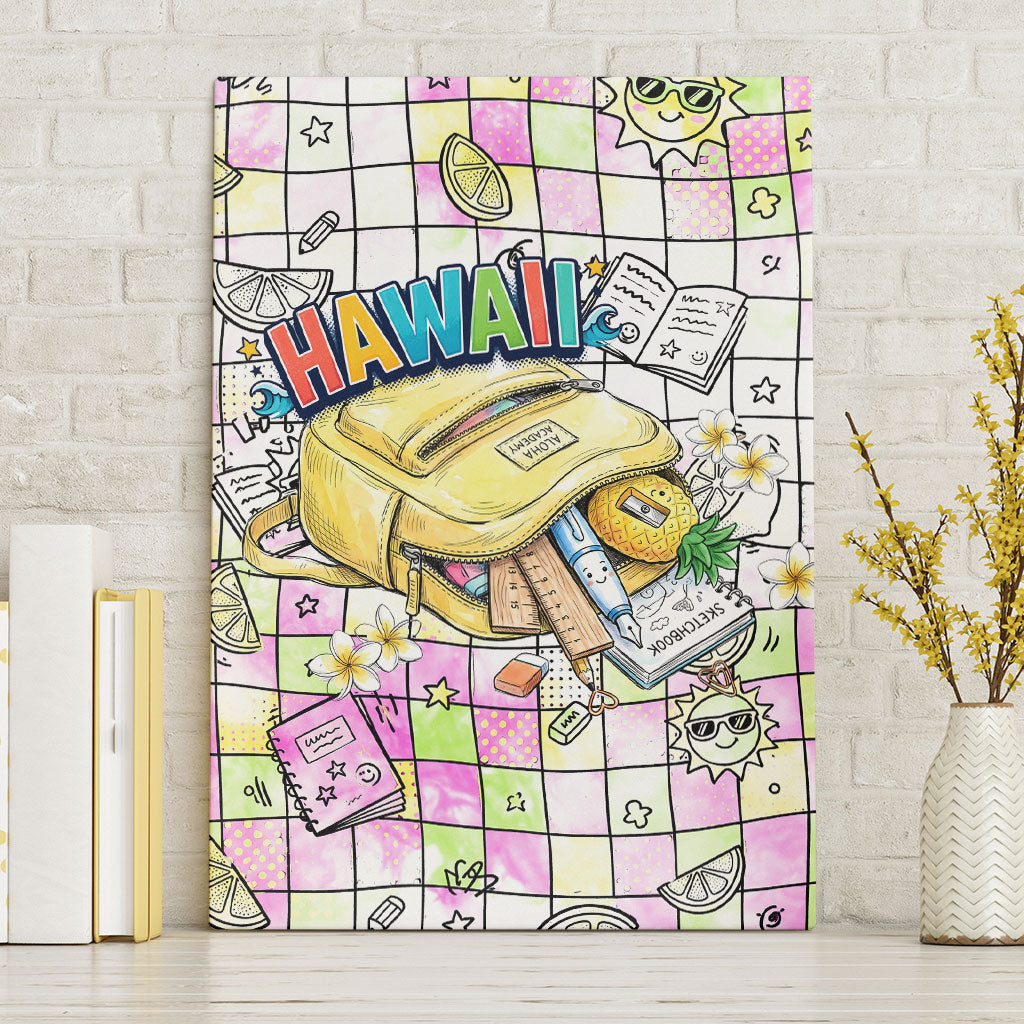 Hawaii Cruising Back To School Canvas Wall Art Grid Pattern With School Bag And Vintage Surf Van TS04 Without Frame White Yellow - Polynesian Pride