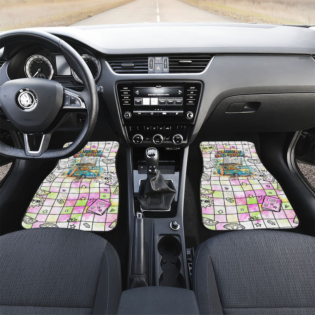 Hawaii Cruising Back To School Car Mats Grid Pattern With School Bag And Vintage Surf Van TS04 Set 2pcs - Front White Yellow - Polynesian Pride