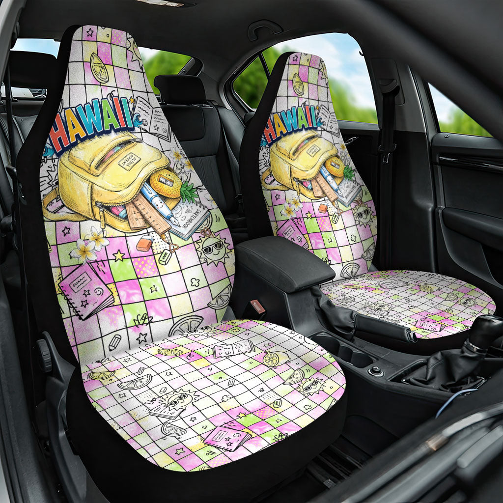 Hawaii Cruising Back To School Car Seat Cover Grid Pattern With School Bag And Vintage Surf Van TS04 One Size White Yellow - Polynesian Pride