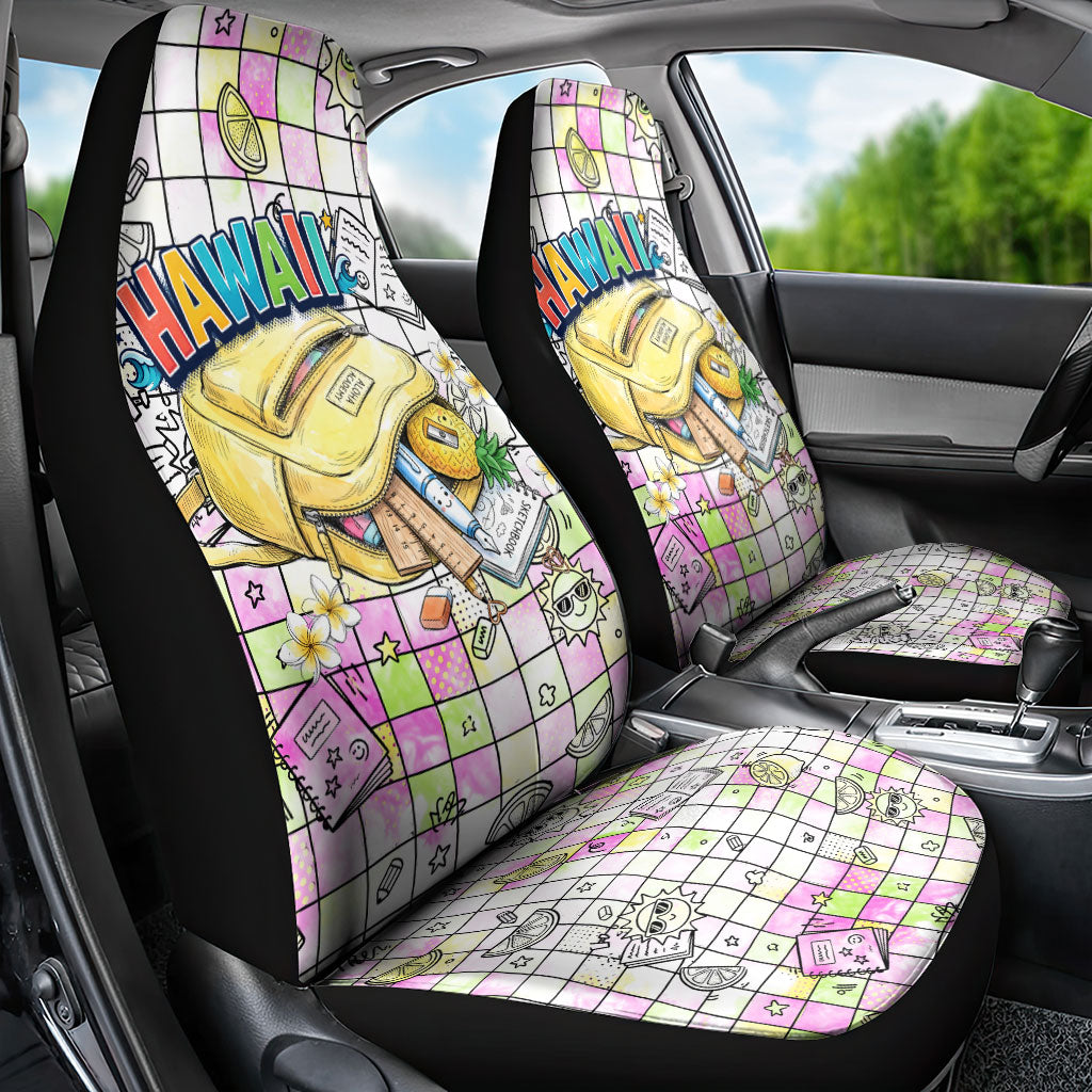 Hawaii Cruising Back To School Car Seat Cover Grid Pattern With School Bag And Vintage Surf Van TS04 - Polynesian Pride