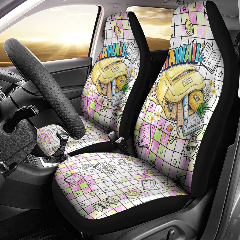 Hawaii Cruising Back To School Car Seat Cover Grid Pattern With School Bag And Vintage Surf Van TS04 - Polynesian Pride
