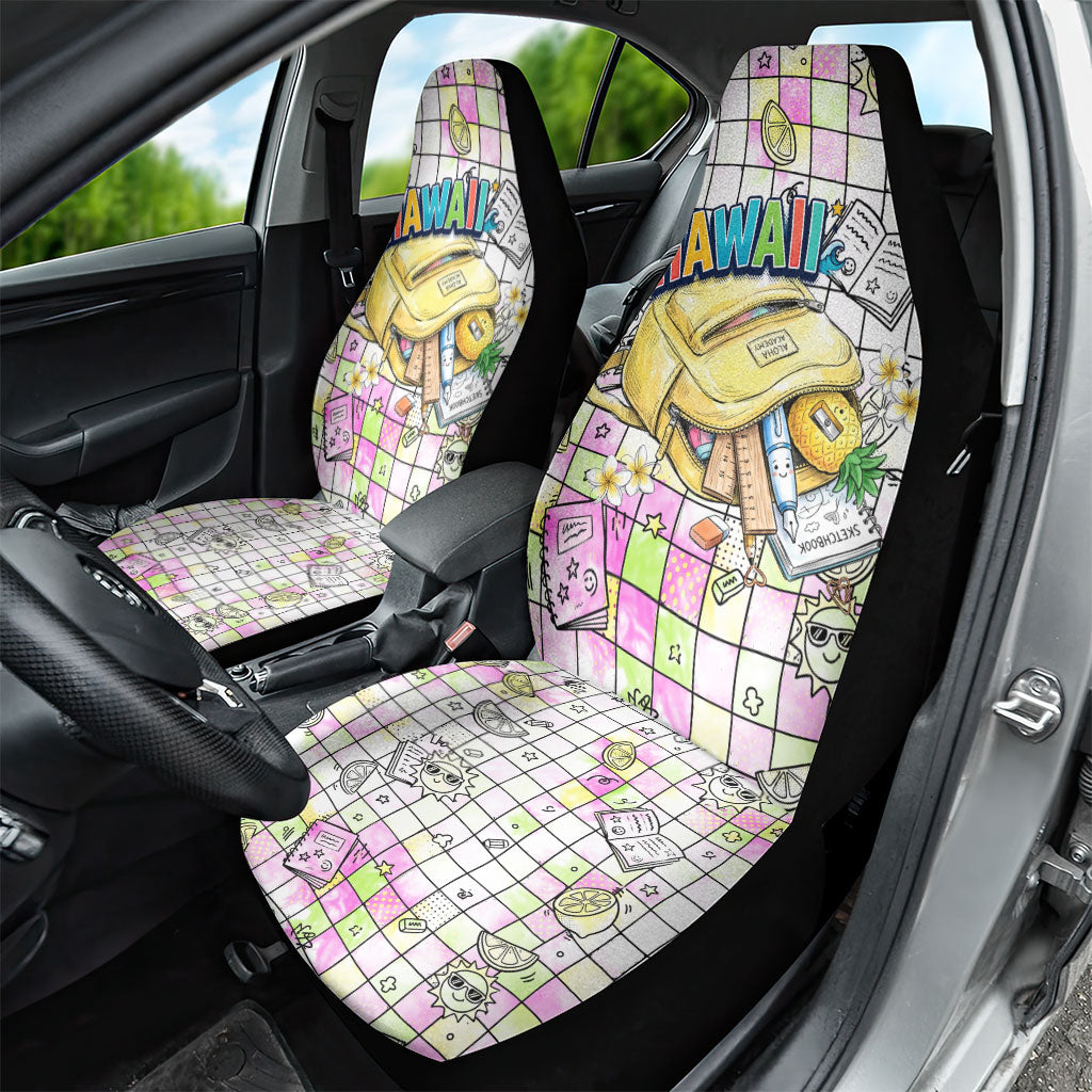 Hawaii Cruising Back To School Car Seat Cover Grid Pattern With School Bag And Vintage Surf Van TS04 - Polynesian Pride