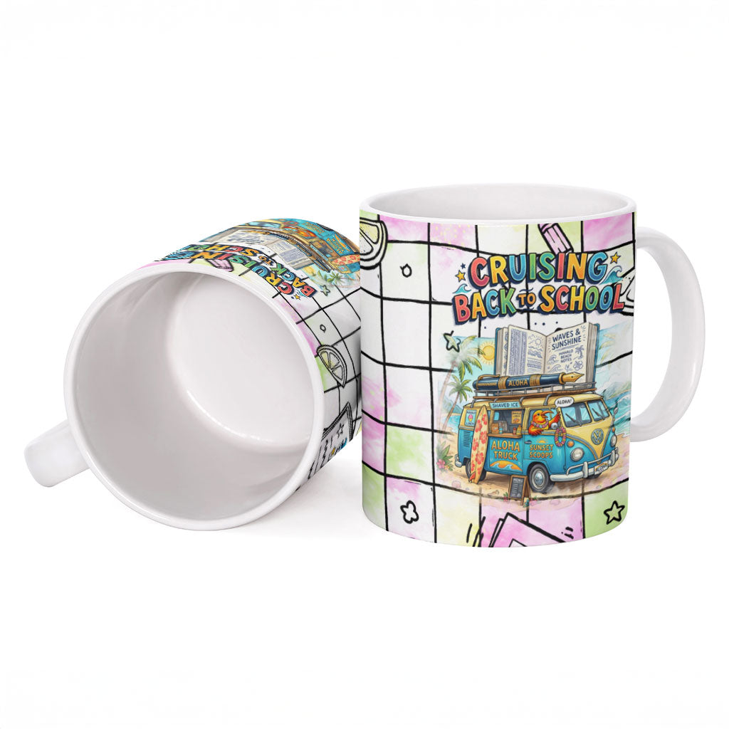 Hawaii Cruising Back To School Ceramic Mug Grid Pattern With School Bag And Vintage Surf Van TS04 - Polynesian Pride