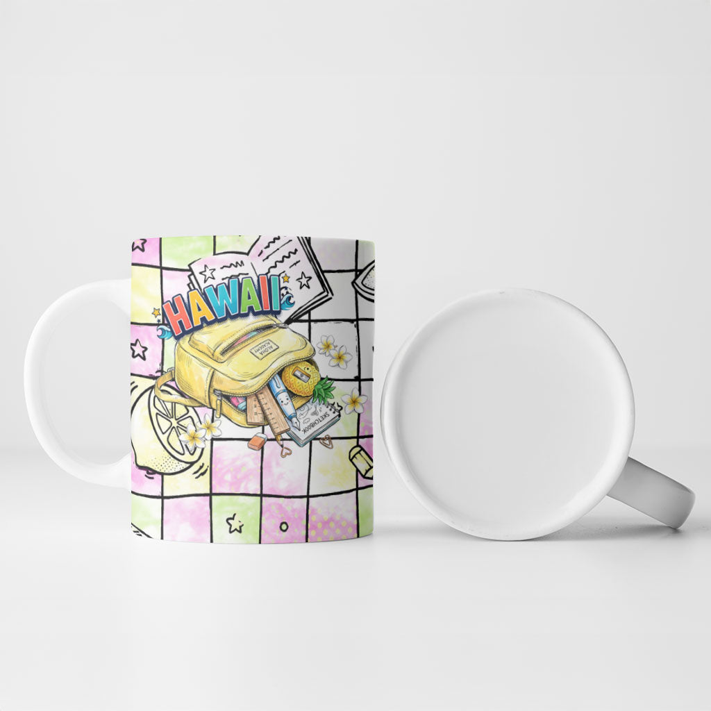 Hawaii Cruising Back To School Ceramic Mug Grid Pattern With School Bag And Vintage Surf Van TS04 - Polynesian Pride