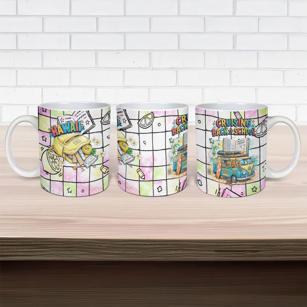 Hawaii Cruising Back To School Ceramic Mug Grid Pattern With School Bag And Vintage Surf Van TS04 - Polynesian Pride