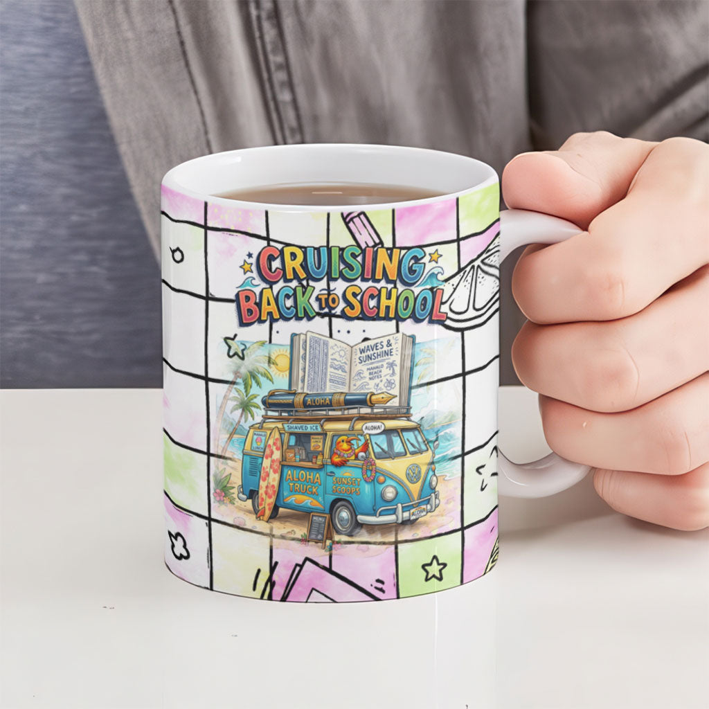 Hawaii Cruising Back To School Ceramic Mug Grid Pattern With School Bag And Vintage Surf Van TS04 - Polynesian Pride