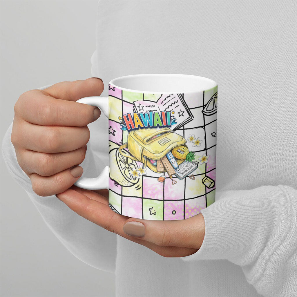 Hawaii Cruising Back To School Ceramic Mug Grid Pattern With School Bag And Vintage Surf Van TS04 - Polynesian Pride