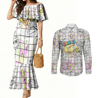 Hawaii Cruising Back To School Couples Matching Mermaid Dress and Long Sleeve Button Shirt Grid Pattern With School Bag And Vintage Surf Van TS04 White Yellow - Polynesian Pride