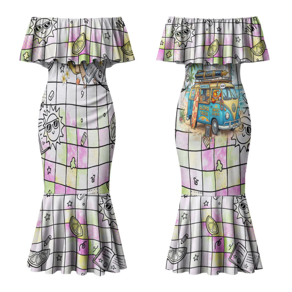 Hawaii Cruising Back To School Couples Matching Mermaid Dress and Long Sleeve Button Shirt Grid Pattern With School Bag And Vintage Surf Van TS04 - Polynesian Pride
