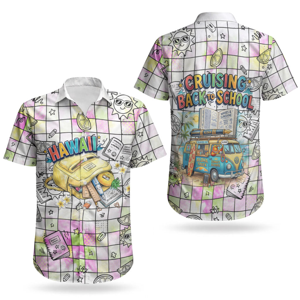 Hawaii Cruising Back To School Couples Matching Off Shoulder Maxi Dress and Hawaiian Shirt Grid Pattern With School Bag And Vintage Surf Van TS04 - Polynesian Pride