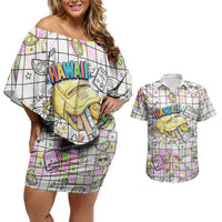 Hawaii Cruising Back To School Couples Matching Off Shoulder Short Dress and Hawaiian Shirt Grid Pattern With School Bag And Vintage Surf Van TS04 White Yellow - Polynesian Pride