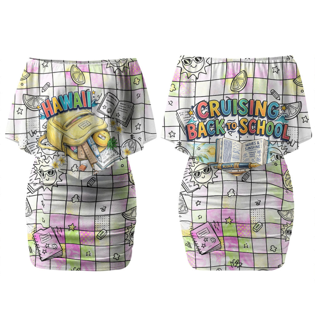 Hawaii Cruising Back To School Couples Matching Off Shoulder Short Dress and Hawaiian Shirt Grid Pattern With School Bag And Vintage Surf Van TS04 - Polynesian Pride