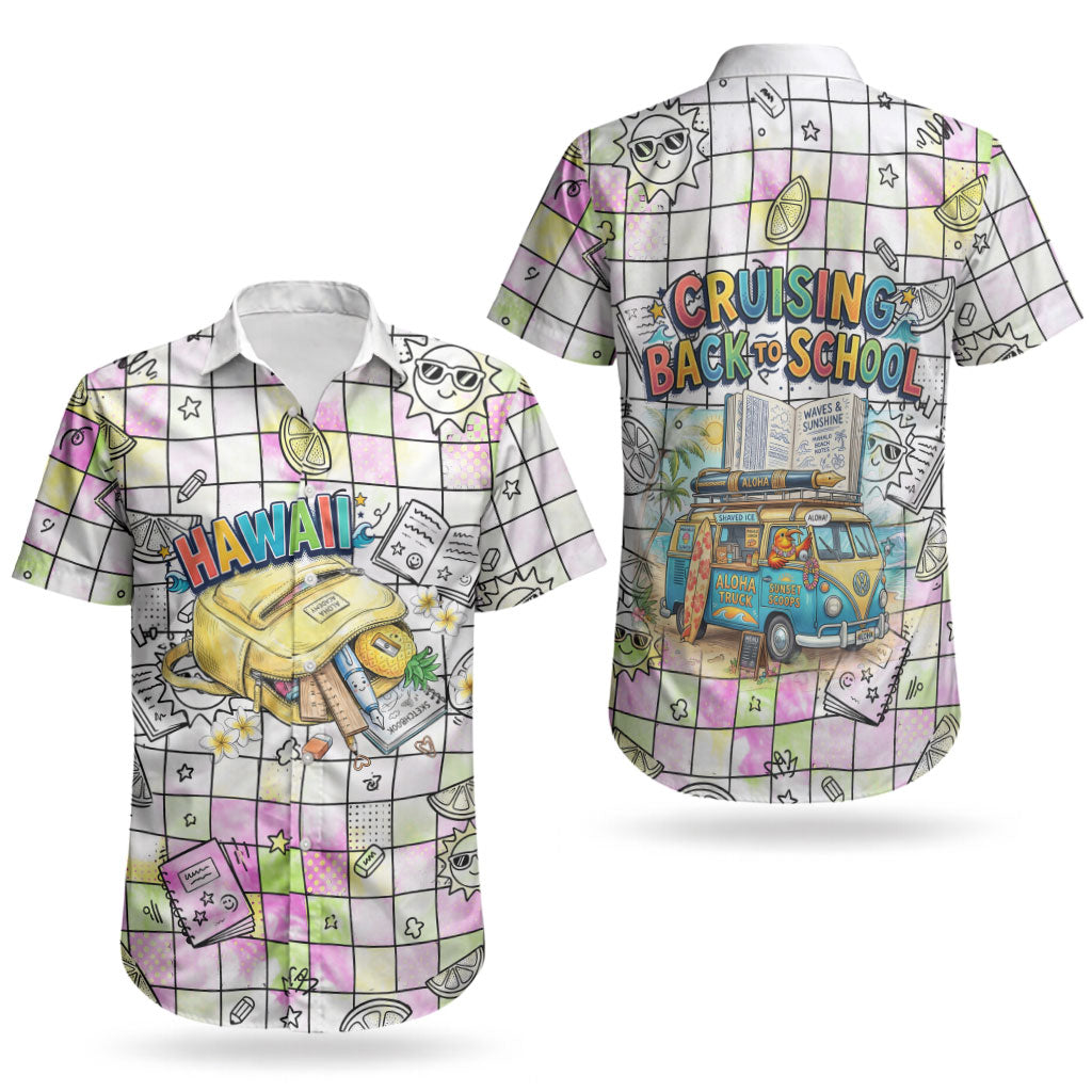 Hawaii Cruising Back To School Couples Matching Off Shoulder Short Dress and Hawaiian Shirt Grid Pattern With School Bag And Vintage Surf Van TS04 - Polynesian Pride