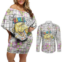 Hawaii Cruising Back To School Couples Matching Off Shoulder Short Dress and Long Sleeve Button Shirt Grid Pattern With School Bag And Vintage Surf Van TS04 White Yellow - Polynesian Pride