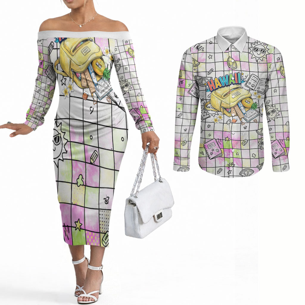 Hawaii Cruising Back To School Couples Matching Off The Shoulder Long Sleeve Dress and Long Sleeve Button Shirt Grid Pattern With School Bag And Vintage Surf Van TS04 White Yellow - Polynesian Pride