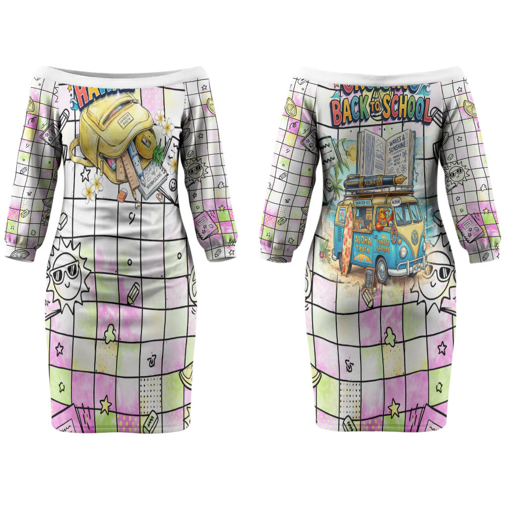 Hawaii Cruising Back To School Couples Matching Off The Shoulder Long Sleeve Dress and Long Sleeve Button Shirt Grid Pattern With School Bag And Vintage Surf Van TS04 - Polynesian Pride