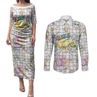Hawaii Cruising Back To School Couples Matching Puletasi and Long Sleeve Button Shirt Grid Pattern With School Bag And Vintage Surf Van TS04 White Yellow - Polynesian Pride