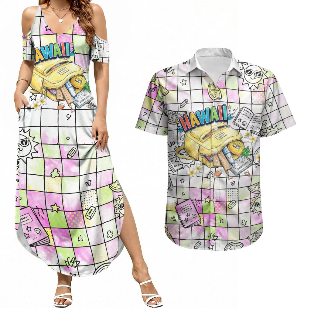 Hawaii Cruising Back To School Couples Matching Summer Maxi Dress and Hawaiian Shirt Grid Pattern With School Bag And Vintage Surf Van TS04 White Yellow - Polynesian Pride