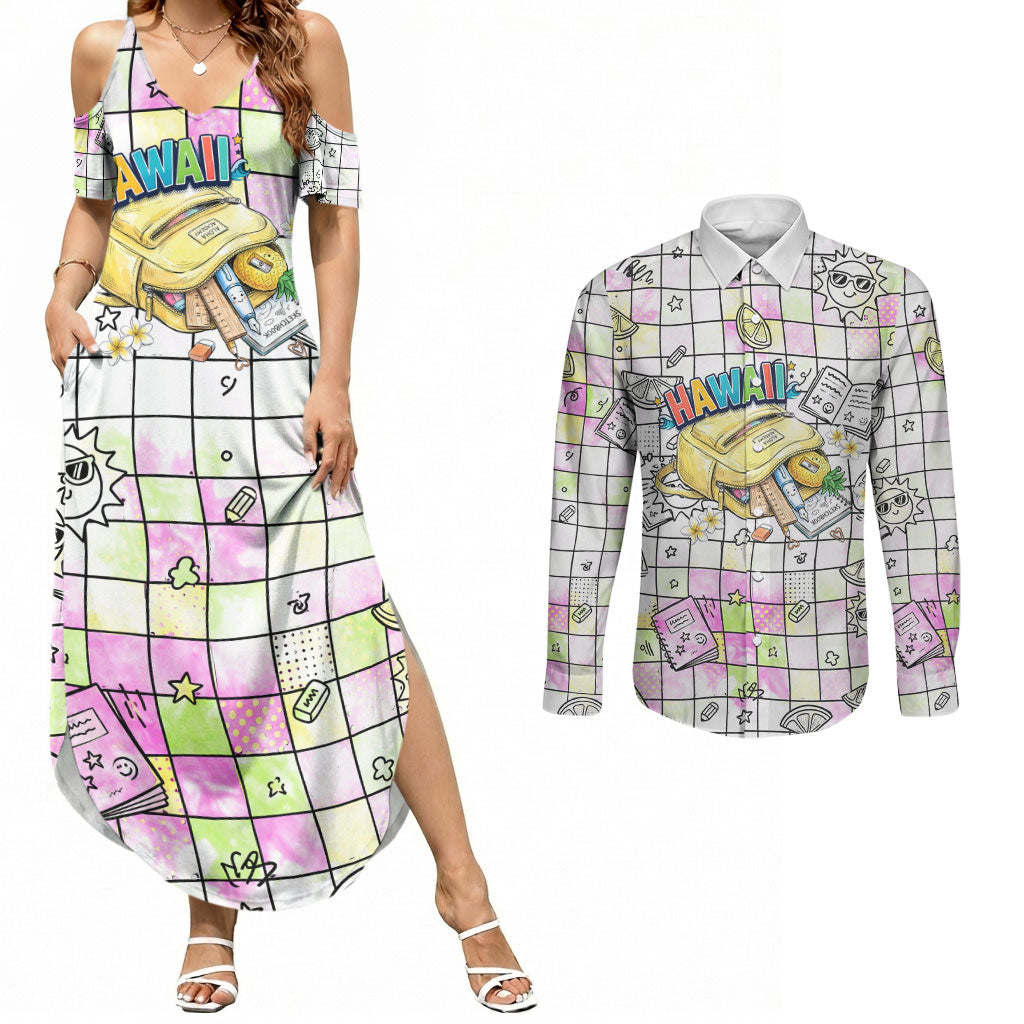 Hawaii Cruising Back To School Couples Matching Summer Maxi Dress and Long Sleeve Button Shirt Grid Pattern With School Bag And Vintage Surf Van TS04 White Yellow - Polynesian Pride