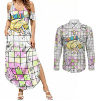 Hawaii Cruising Back To School Couples Matching Summer Maxi Dress and Long Sleeve Button Shirt Grid Pattern With School Bag And Vintage Surf Van TS04 White Yellow - Polynesian Pride