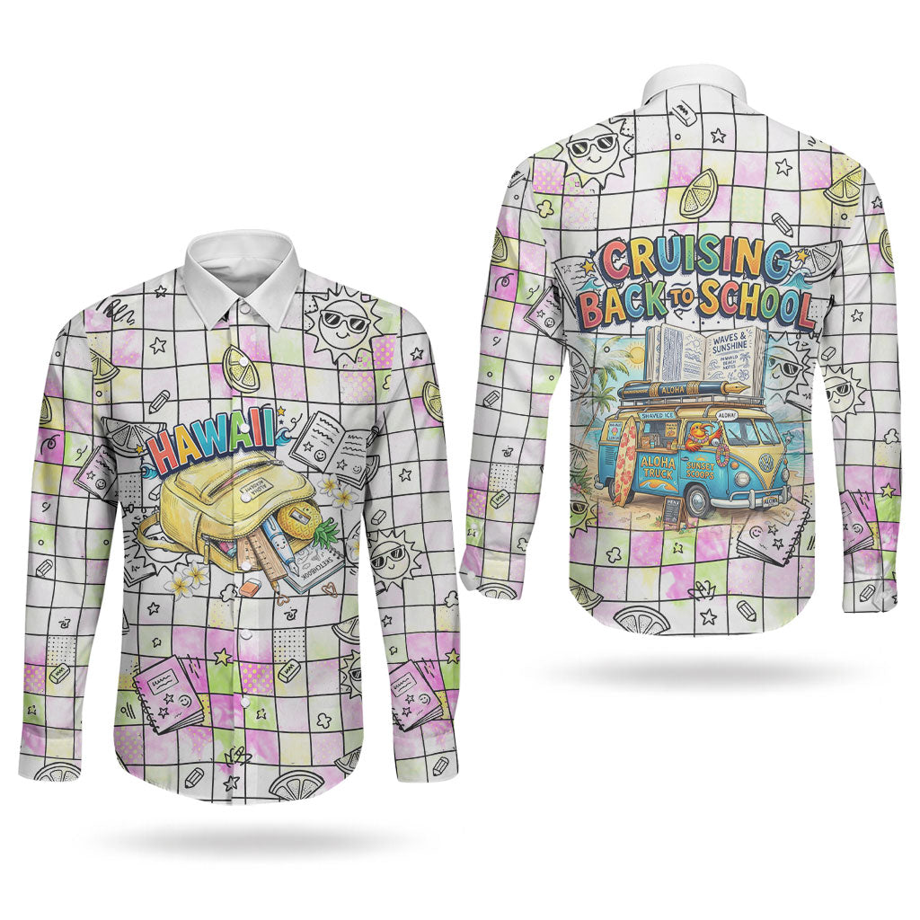 Hawaii Cruising Back To School Couples Matching Summer Maxi Dress and Long Sleeve Button Shirt Grid Pattern With School Bag And Vintage Surf Van TS04 - Polynesian Pride