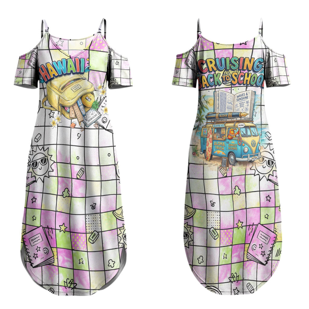 Hawaii Cruising Back To School Couples Matching Summer Maxi Dress and Long Sleeve Button Shirt Grid Pattern With School Bag And Vintage Surf Van TS04 - Polynesian Pride