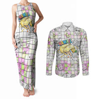 Hawaii Cruising Back To School Couples Matching Tank Maxi Dress and Long Sleeve Button Shirt Grid Pattern With School Bag And Vintage Surf Van TS04 White Yellow - Polynesian Pride