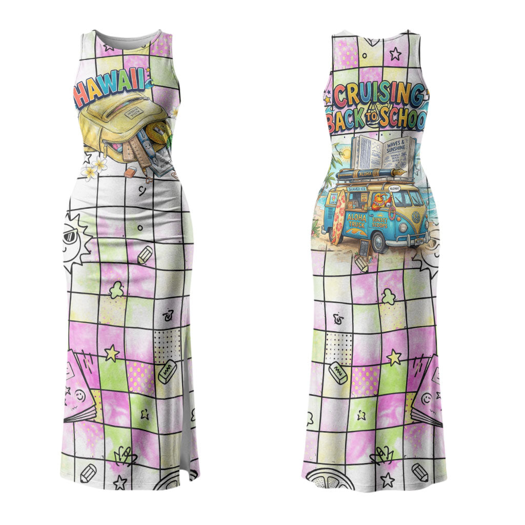 Hawaii Cruising Back To School Couples Matching Tank Maxi Dress and Long Sleeve Button Shirt Grid Pattern With School Bag And Vintage Surf Van TS04 - Polynesian Pride