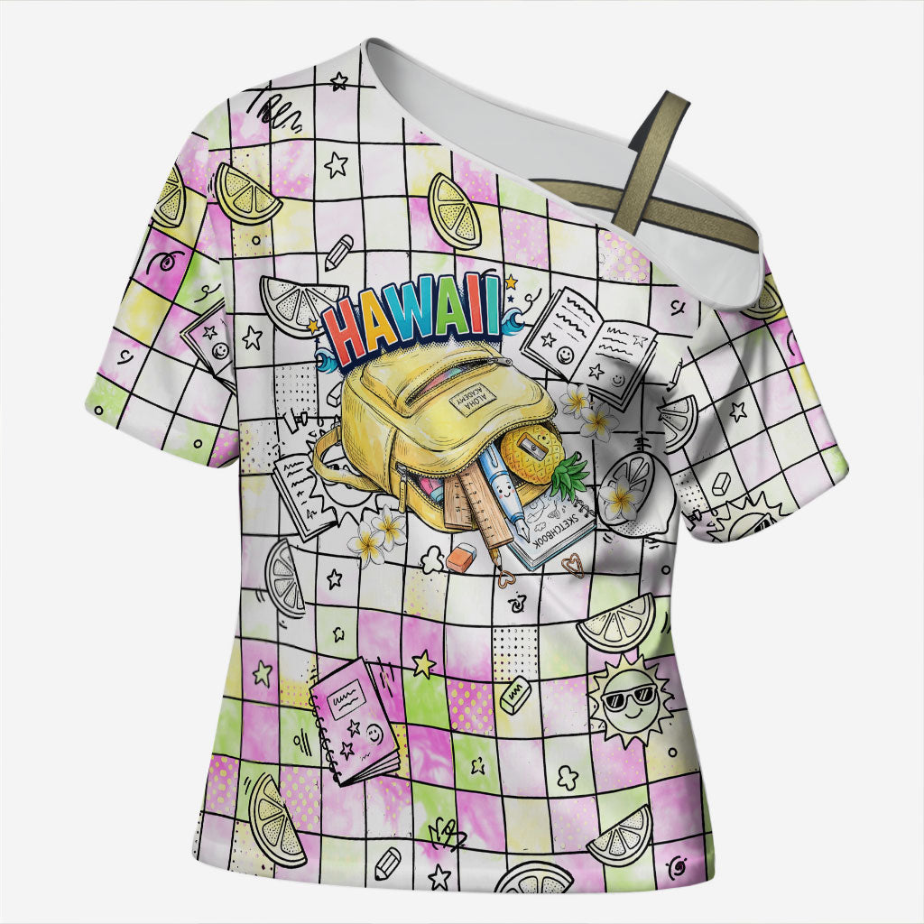 Hawaii Cruising Back To School Cross Shoulder Shirt Grid Pattern With School Bag And Vintage Surf Van TS04 Female White Yellow - Polynesian Pride