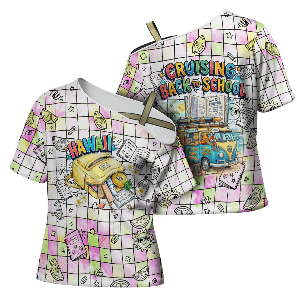 Hawaii Cruising Back To School Cross Shoulder Shirt Grid Pattern With School Bag And Vintage Surf Van TS04 - Polynesian Pride