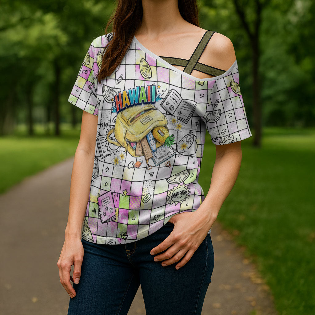Hawaii Cruising Back To School Cross Shoulder Shirt Grid Pattern With School Bag And Vintage Surf Van TS04 - Polynesian Pride